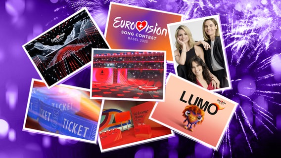 Auf einem bunten Hintergrund liegen Postkarten, auf denen Motive vom ESC montiert sind. © EBU/eurovision.tv/Colourbox/SRF/SRG/Fotolia Foto: Oleksandr Prykhodko/Mirjam Kluka/Bruce Shippee